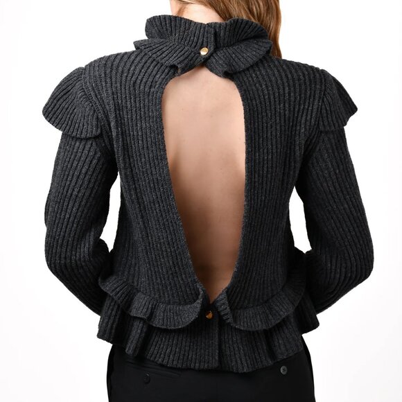 GANNI Charcoal Gray Wool Ruffle Trim Open Back Top - EUC - Picture 1 of 12